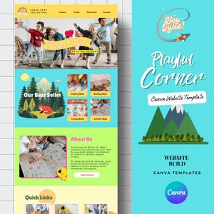 May include: A website template design with a playful theme. The design features children playing, illustrations of a fox, mountains, and books. Text includes "Paper Toys Collective," "Playful Corner," and "Canva Website Template."