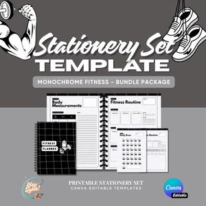 Può includere: Modello di set di cancelleria fitness monocromatico con un planner fitness, pagine di misurazione del corpo e pagine di routine fitness. Il set include un pacchetto con modelli modificabili di Canva. L'immagine include anche una grafica di un sollevatore di pesi e un paio di scarpe da ginnastica.