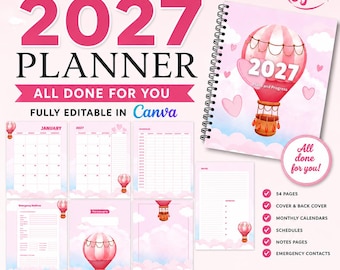 2027 Planner Template | Editable Canva Templates | Done For You Cute Pink Theme