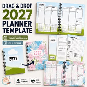 May include: A 2027 planner template featuring spiral-bound pages with weekly layouts, monthly summaries, and emergency contact forms. The designs include a simple landscape cover and a floral cover, both labeled 2027, with editable digital files.
