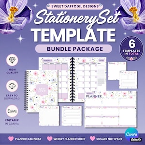 May include: A stationery set template bundle package with a floral design. The set includes a planner calendar, weekly planner sheet, and square notepads. The text includes "Stationery Set Template Bundle Package", "High Quality", "Easy to Download", and "Editable in Canva".