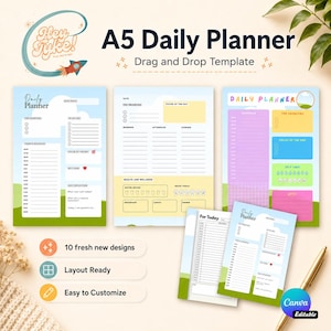A5 Anteckningsblock Daglig Planner Canva Mallpaket, Dra och släpp Utskrivbara Planeringssidor, Redigerbart Dagschema och Produktivitetsinlägg
