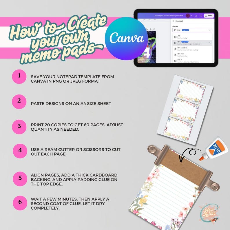 Puede incluir: Una gu&iacute;a sobre c&oacute;mo crear blocs de notas, con el logotipo de Canva, una tableta y un bloc de notas con dise&ntilde;os florales. Las instrucciones incluyen guardar plantillas, imprimir y pegar. La imagen tambi&eacute;n muestra una pinza y pegamento.