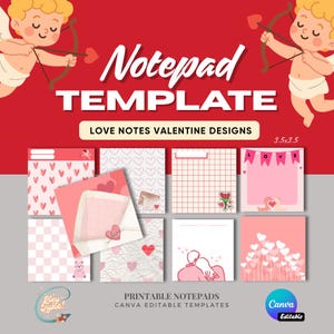 Könnte beinhalten: Ein rotes und weißes Valentinstags-Notizblock-Template mit dem Text "Notepad TEMPLATE" und "LOVE NOTES VALENTINE DESIGNS". Das Bild enthält mehrere 8,89 x 8,89 cm Notizblock-Designs mit Herzen, Gittern und Paaren. Zwei Engel mit Pfeil und Bogen sind im Hintergrund.