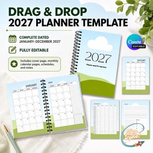 May include: A 2027 digital planner template featuring a spiral-bound notebook with a light blue sky and green hill cover design. The set includes monthly calendar pages, a schedule layout, and notes pages, all fully editable for drag and drop use.