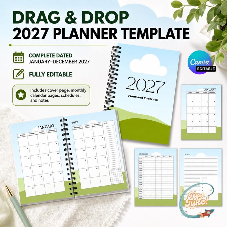 May include: A 2027 digital planner template featuring a spiral-bound notebook with a light blue sky and green hill cover design. The set includes monthly calendar pages, a schedule layout, and notes pages, all fully editable for drag and drop use.