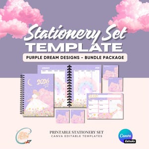 May include: A stationery set template with a purple and pink theme. The set includes a spiral-bound planner, a calendar, sticky notes, and a to-do list. The text on the planner reads "2026". The set is labeled "Purple Dream Designs - Bundle Package".