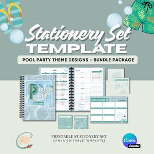 Può includere: Un set di cancelleria a tema festa in piscina. Il set include un'agenda a spirale, blocchi per appunti e un pianificatore settimanale. Il design presenta colori blu e verde, bolle e il testo "Stationery Set Template".