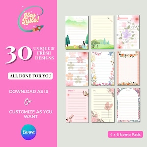 Printable floral memo pads in 4x6 size, perfect for journaling, notes, and planning. This set includes 30 editable Canva notepad templates with cute and colorful spring floral designs—no Pro account needed. Ideal for digital notepad lovers, these printable writing papers are great for spring stationery, gifts for her. Use as floral stationery, journaling paper, or memo pad templates for personal or office use. Aesthetic and practical, these digital downloads add charm to any desk or planner.