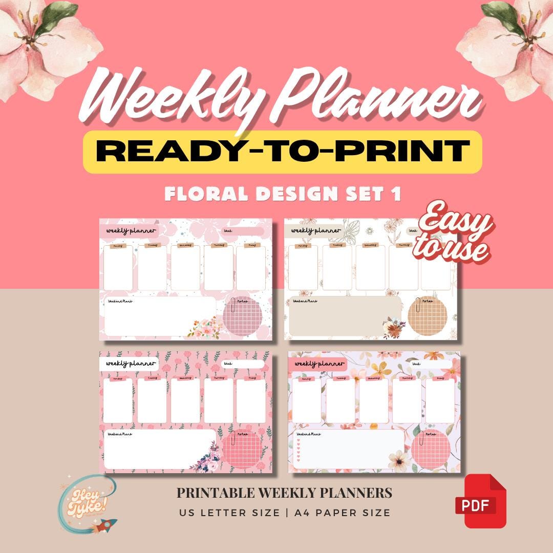 Floral Weekly Planner Printable Set | Undated Desk Organizer (A4/US ...