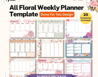 Puede incluir: Un paquete digital de 20 plantillas de planificador semanal floral con varios diseños que incluyen secciones para los días de la semana, listas de verificación y notas. Los diseños incluyen colores pastel, ilustraciones botánicas y el texto All Floral Weekly Planner Template.