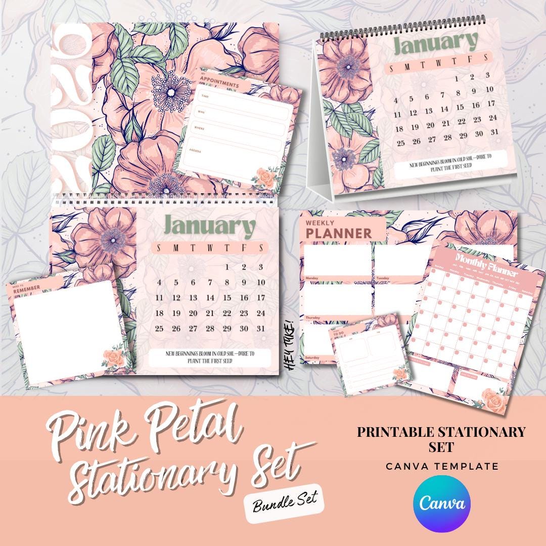 Pink Floral Petal Calendar & Planner Canva Template | | Weekly Monthly ...