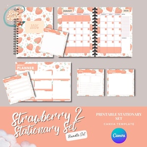 Jordgubbsbrevpapperspaket 2026 Kalender, Veckoplanerare och Anteckningsblock | Redigerbara Canva-mallar, Utskrivbar Planeringsset