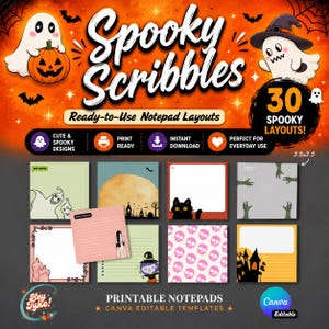 Può includere: Immagine promozionale per blocchi note stampabili di Halloween. Il design presenta il testo "Spooky Scribbles" con illustrazioni di fantasmi e zucche. I blocchi note misurano 8,89 x 8,89 cm e includono vari layout spettrali.
