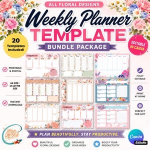 Puede incluir: Un paquete de plantillas de planificador semanal digital con diseños florales. El diseño incluye 20 plantillas, imprimibles y digitales, en tamaños A4 y US Letter. El planificador es editable en Canva.