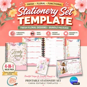 May include: A stationery set template with a floral design. The image features a planner, calendar, and notepads. The text includes "Stationery Set Template," "Fresh Floral Designs," and "Printable Stationery Set." The set is designed to inspire and is a 4-in-1 value pack.
