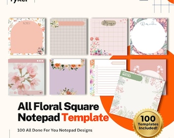 Puede incluir: Una colección de plantillas de bloc de notas cuadradas con diseños florales, patrones de cuadrícula y listas de verificación. El texto incluye Hey Tyke! Templates for a brighter day, All Floral Square Notepad Template, 100 All Done For You Notepad Designs y 100 Templates Included!