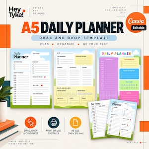May include: A5 daily planner template set featuring multiple digital page layouts with sections for schedules, to-do lists, priorities, and wellness tracking. The designs include colorful headers, icons, and text fields, measuring 148 x 210 mm.