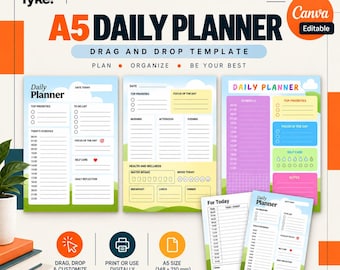 May include: A5 daily planner template set featuring multiple digital page layouts with sections for schedules, to-do lists, priorities, and wellness tracking. The designs include colorful headers, icons, and text fields, measuring 148 x 210 mm.