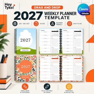 May include: A 2027 weekly planner template set featuring two spiral-bound designs: one with a cloud and landscape graphic, and one with a floral pattern. The layouts include A5 size pages with weekly calendars, notes, and doodle sections for January.