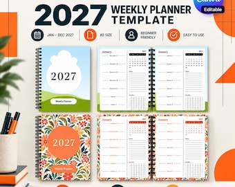 May include: A 2027 weekly planner template set featuring two spiral-bound designs: one with a cloud and landscape cover and one with a floral pattern. The interior pages show weekly layouts with calendars, notes, and doodle sections in A5 size.