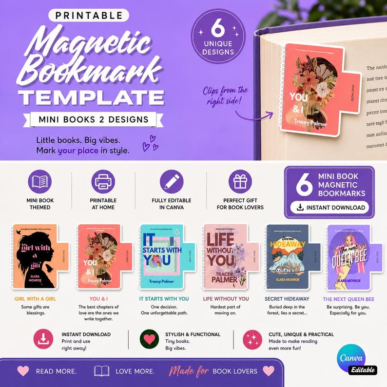 Mini Book Magnetic Bookmarks Canva Template: Book Lover Gift (printable ...