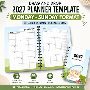 Puede incluir: Una plantilla de planificador 2027 con formato de lunes a domingo, fechada de enero a diciembre de 2027. El planificador de espiral muestra una cuadrícula de calendario mensual con fondo azul claro y verde, incluyendo una portada 2027 Plans and Progress.