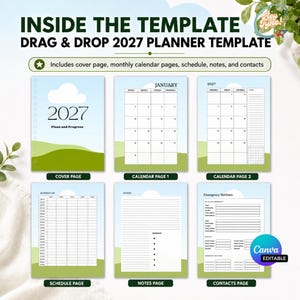 May include: A digital 2027 planner template featuring a light blue sky and green hills design. The set includes a cover page, monthly calendar pages, a schedule page, a notes page, and a contacts page with text labels for each section.