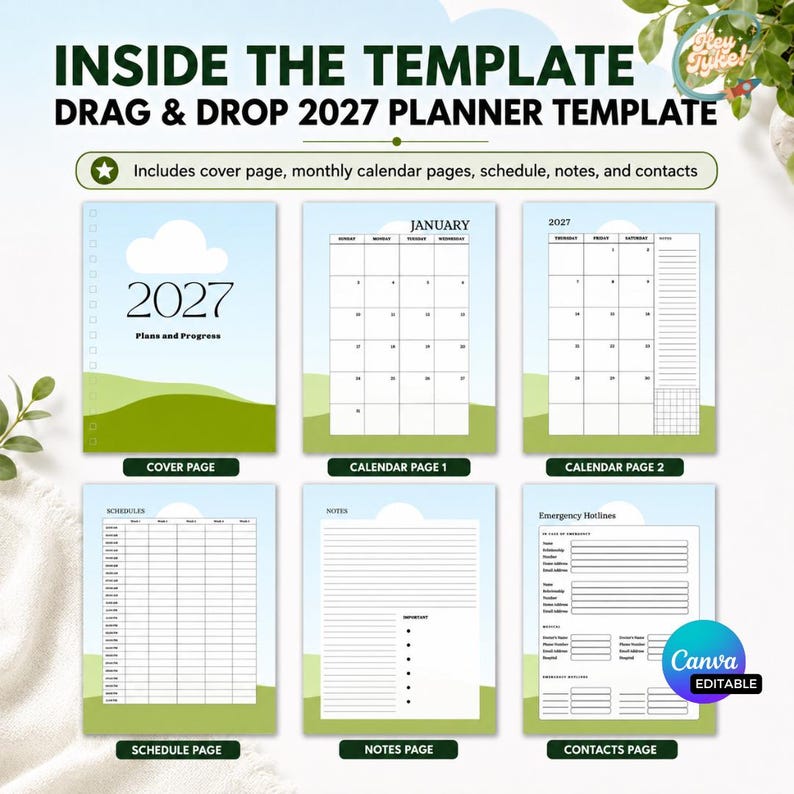 May include: A digital 2027 planner template featuring a light blue sky and green hills design. The set includes a cover page, monthly calendar pages, a schedule page, a notes page, and a contacts page with text labels for each section.