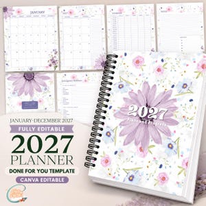 May include: A spiral-bound 2027 planner featuring a floral pattern with large purple daisies and smaller pink and blue flowers. The cover displays the text 2027 Plans and Progress. Interior pages include monthly calendars, schedules, and notes sections.
