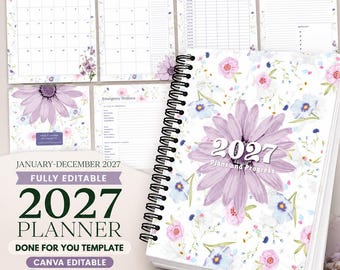 Puede incluir: Una agenda de 2027 con encuadernación en espiral, cubierta floral con una margarita morada grande y el texto 2027 Plans and Progress. El conjunto incluye varios diseños de páginas interiores como un calendario de enero, horario y notas.