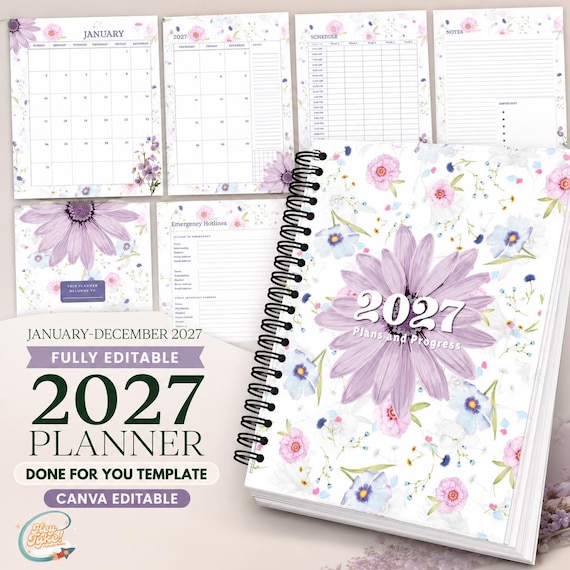 2027 Printable Planner Template, Editable Canva Purple Floral Planner, Monthly Calendar Pages, DIY Planner Download