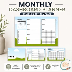 Planejador Mensal Diário Editável | Calendário 2027 com Arrastar e Soltar, Planejador Datado, Lista de Verificação e Anotações em Grade