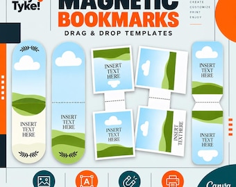 May include: A set of magnetic bookmark templates featuring landscape illustrations with blue skies, white clouds, and green hills. The templates include placeholders with the text INSERT TEXT HERE, along with branding for Hey Tyke and Canva.
