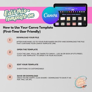 Puede incluir: Una gu&iacute;a de plantilla digital con el texto "Edit this template on Canva". La gu&iacute;a incluye instrucciones sobre c&oacute;mo descargar, abrir, editar y guardar la plantilla. Una tableta muestra una interfaz de Canva. La gu&iacute;a est&aacute; dise&ntilde;ada para ser f&aacute;cil de usar para principiantes.