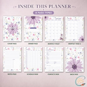 May include: A 2027 planner set featuring 8 page types with a floral pattern of purple daisies and small pink and blue flowers. Pages include a cover, owner page, January calendar, monthly view, notes, schedule, emergency contacts, and back page.