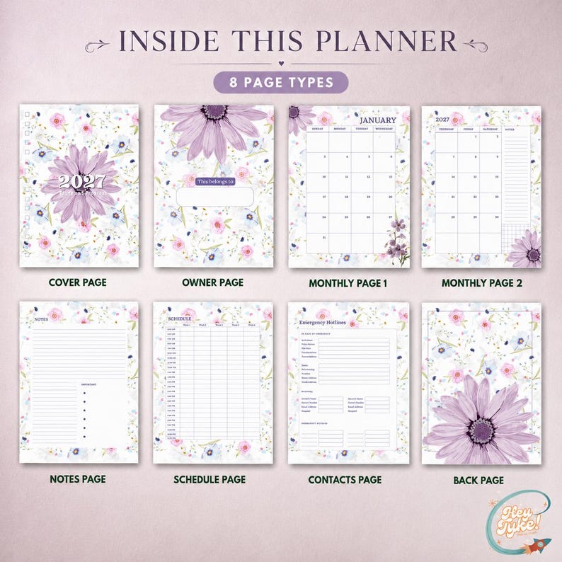May include: A 2027 planner set featuring 8 page types with a floral pattern of purple daisies and small pink and blue flowers. Pages include a cover, owner page, January calendar, monthly view, notes, schedule, emergency contacts, and back page.