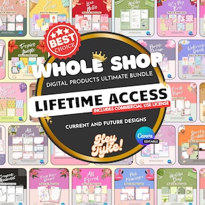 Hela butiken, redigerbara Canva-mallar, livstidsåtkomstplanerare, journaler, aktiviteter (digital nedladdning)