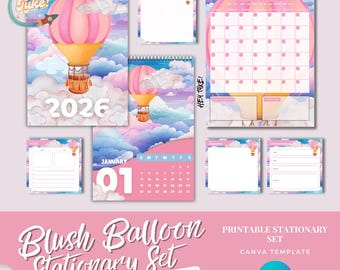 Calendario de pared imprimible 2026 / Plantilla editable en Canva / Tema de globos en tonos pastel