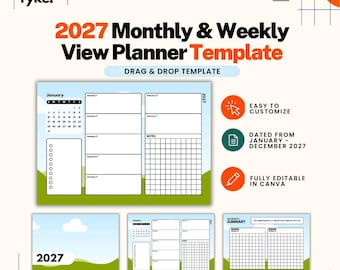May include: A 2027 monthly and weekly view planner template by Hey Tyke featuring a drag and drop design. The layout includes a calendar, daily sections, a notes grid, and a summary page with goals, all set against a light blue sky and green hills.