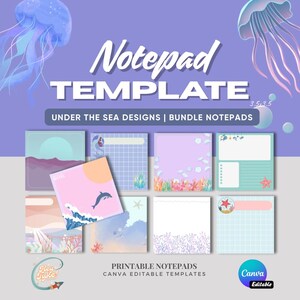 Könnte beinhalten: Eine Sammlung druckbarer Notizblockvorlagen mit dem Thema "Unter dem Meer". Das Design zeigt verschiedene Illustrationen zum Thema Ozean, darunter Delfine, Korallen und Quallen, mit dem Text "Notepad Template" und "Printable Notepads".