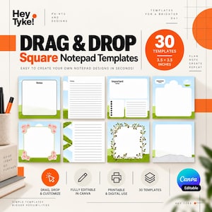 30 quadratische Notizblock-Vorlagen für Canva | Ziehen Sie & Drop bearbeitbare Notizblock-Bundle | Druckbare Memo Pad Vorlagen | Niedliche digitale Papierwaren