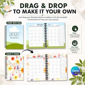 May include: A digital 2027 calendar template featuring a spiral-bound planner with drag-and-drop customisation. The design shows a landscape cover and a January monthly grid, with an example of a floral pattern applied to the planner layout.
