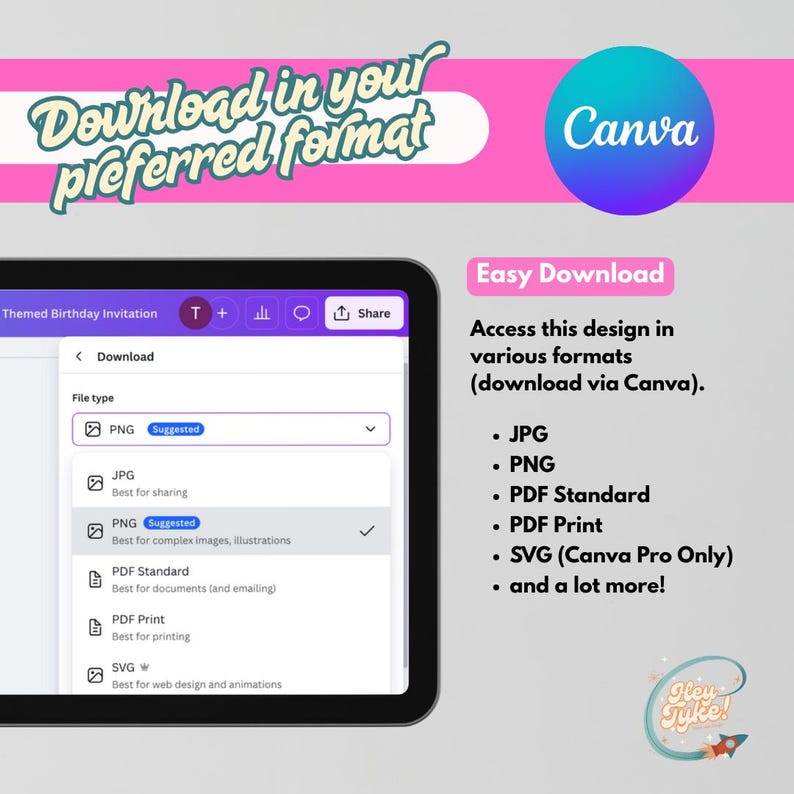Puede incluir: Una pantalla de tableta que muestra una interfaz de dise&ntilde;o digital con opciones de descarga para una invitaci&oacute;n de cumplea&ntilde;os tem&aacute;tica. Formatos: JPG, PNG, PDF Standard, PDF Print y SVG. El logotipo de Canva es visible.
