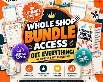 May include: A digital product bundle advertisement for Hey Tyke featuring the text Whole Shop Bundle Access, Get Everything, and Stationery Digital Business Kit. The graphic includes various planner templates, calendars, and icons for instant download.