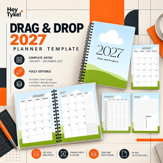 Drag and Drop 2027 Planner Template | Fully Editable Canva Planner | Dated Printable Planner Calendar