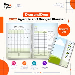 Puede incluir: Una agenda y planificador de presupuesto 2027 con encuadernación en espiral. El planificador abierto muestra una cuadrícula de calendario de enero a la izquierda y una lista de gastos con un gráfico circular a la derecha. Una portada muestra 2027.