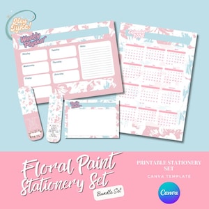 Puede incluir: Un conjunto de papelería Floral Paint con un planificador semanal, calendario, notas diarias y marcadores. El conjunto tiene un esquema de color rosa, azul y blanco con un diseño de pintura floral. El texto incluye "Weekly Planner", "Calendar 2026" y "Daily Notes".