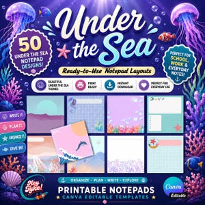Könnte beinhalten: Ein lebendiges digitales Design mit druckbaren Notizblöcken zum Thema "Unter dem Meer". Das Bild zeigt verschiedene Notizblock-Layouts mit Illustrationen zum Thema Ozean, Quallen und Fischen. Der Text enthält "50 Unter dem Meer Notizblock-Designs!" und "Druckbare Notizblöcke".