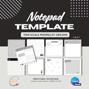 Puede incluir: Un diseño en escala de grises que presenta una plantilla de bloc de notas con varios diseños minimalistas. El texto "Notepad TEMPLATE" se muestra de forma destacada. La imagen incluye el texto "GRAYSCALE MINIMALIST DESIGNS" y "3.5x3.5". La parte inferior de la imagen dice "PRINTABLE NOTEPADS CANVA EDITABLE TEMPLATES".